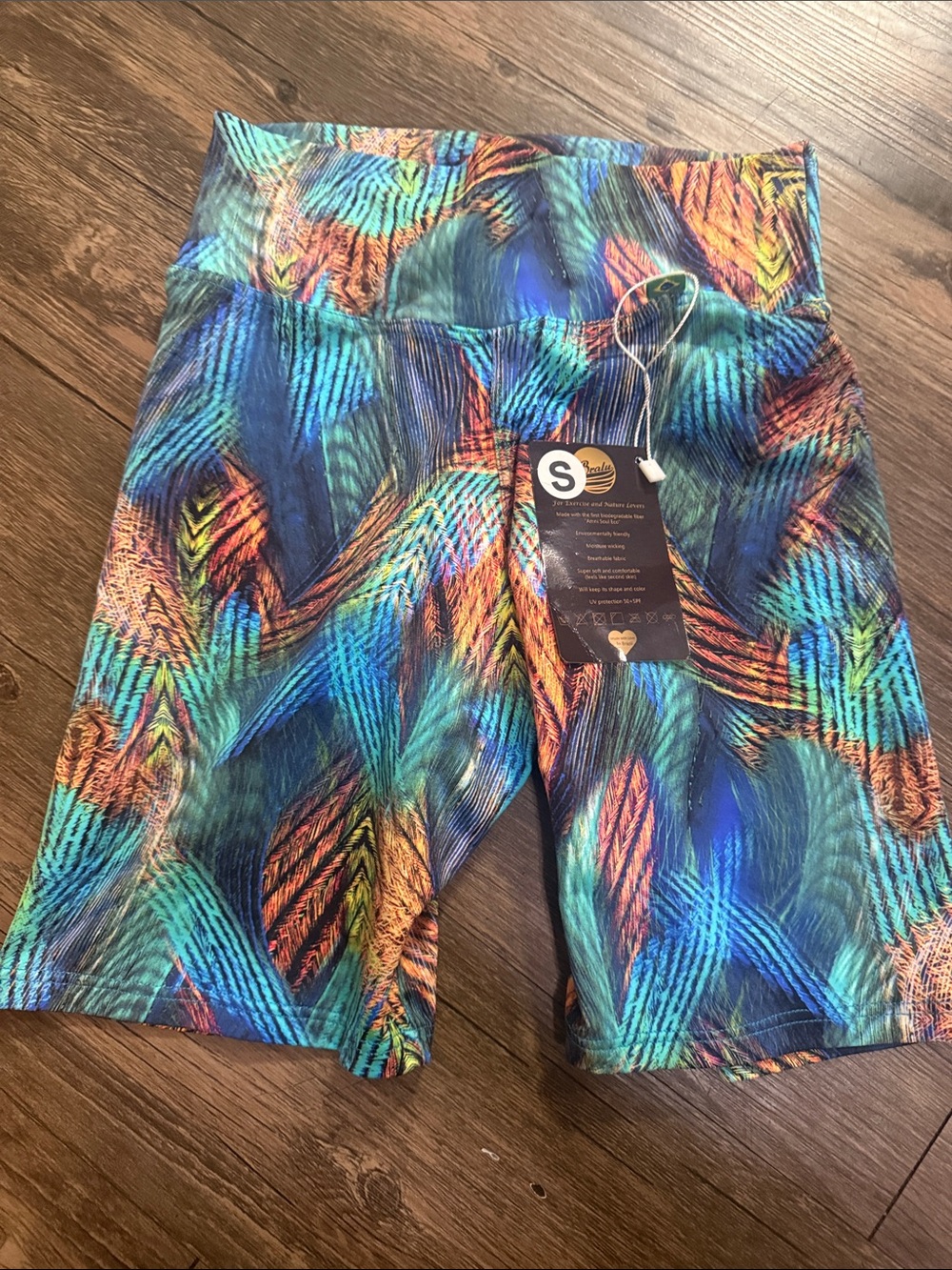 Vibrant Multi-Color Feather Print Biker Shorts